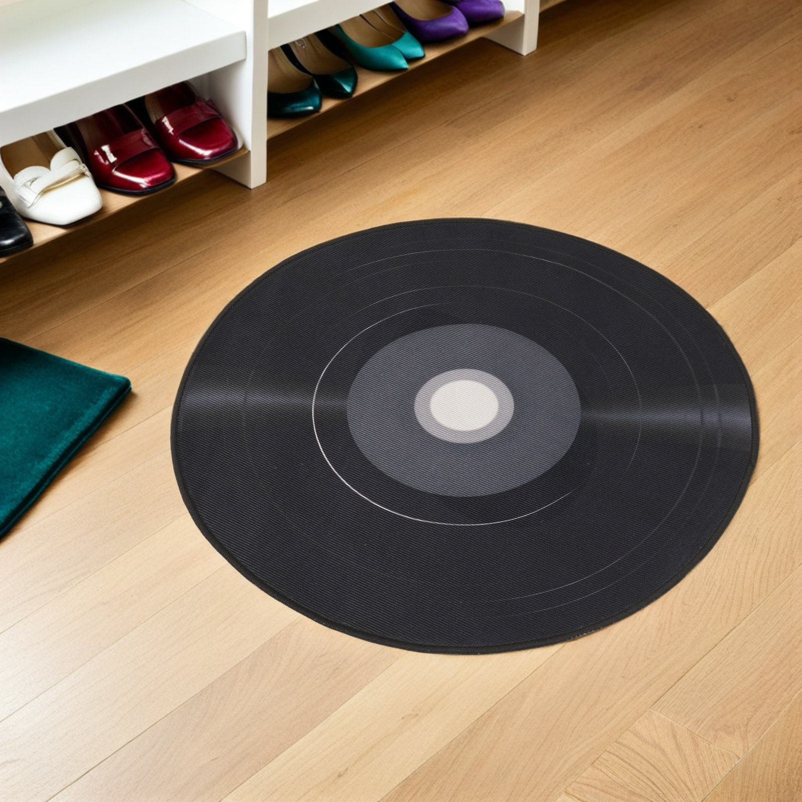검은색 바이닐 레코드 무늬 러그, 복고풍 원형 디자인, - Home Decor Vinyl Flooring 리뷰 및 가격