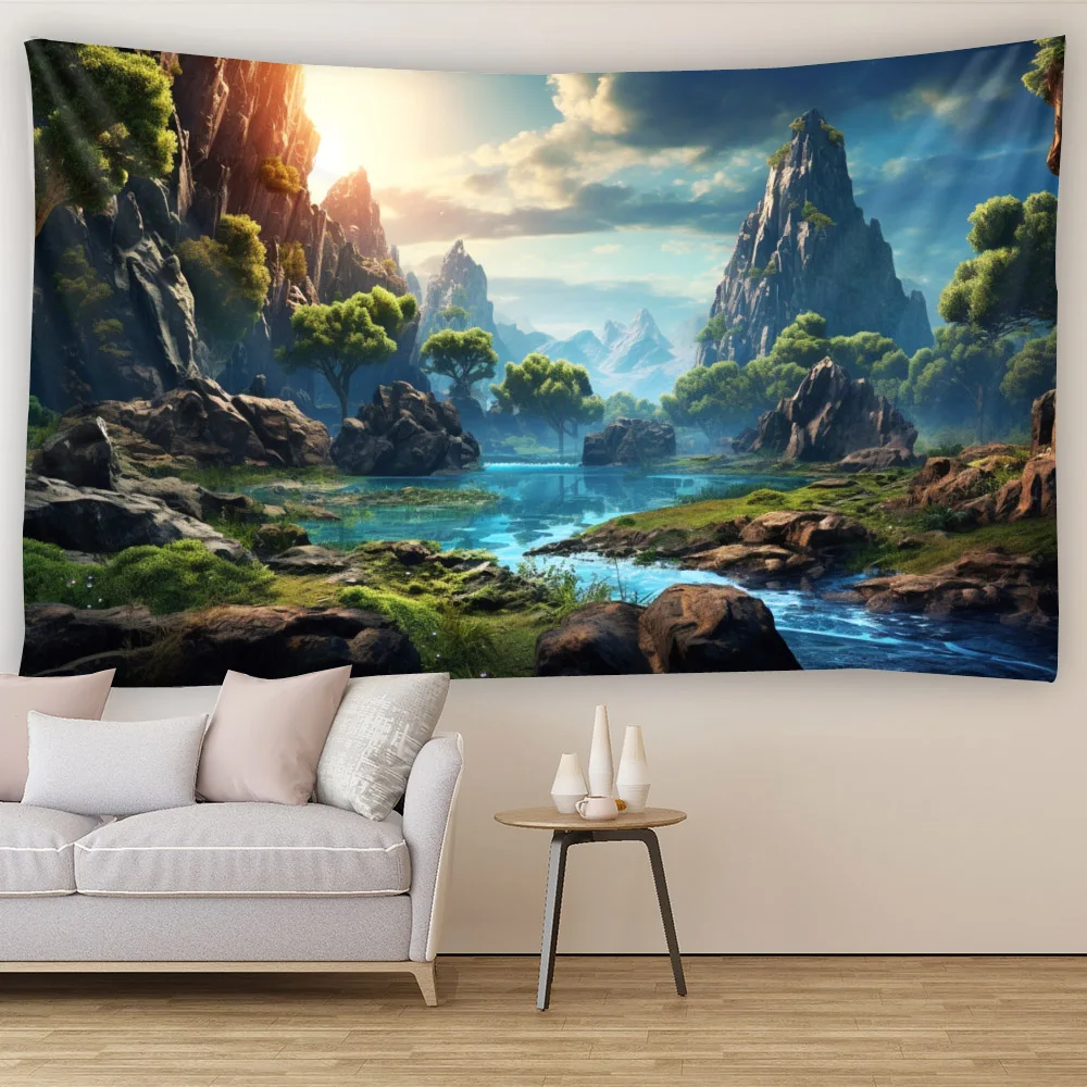 자연 풍경 태피스트리, 산맥, 강, 집, 벽걸이 장식, - Home Decor Range 리뷰 및 가격
