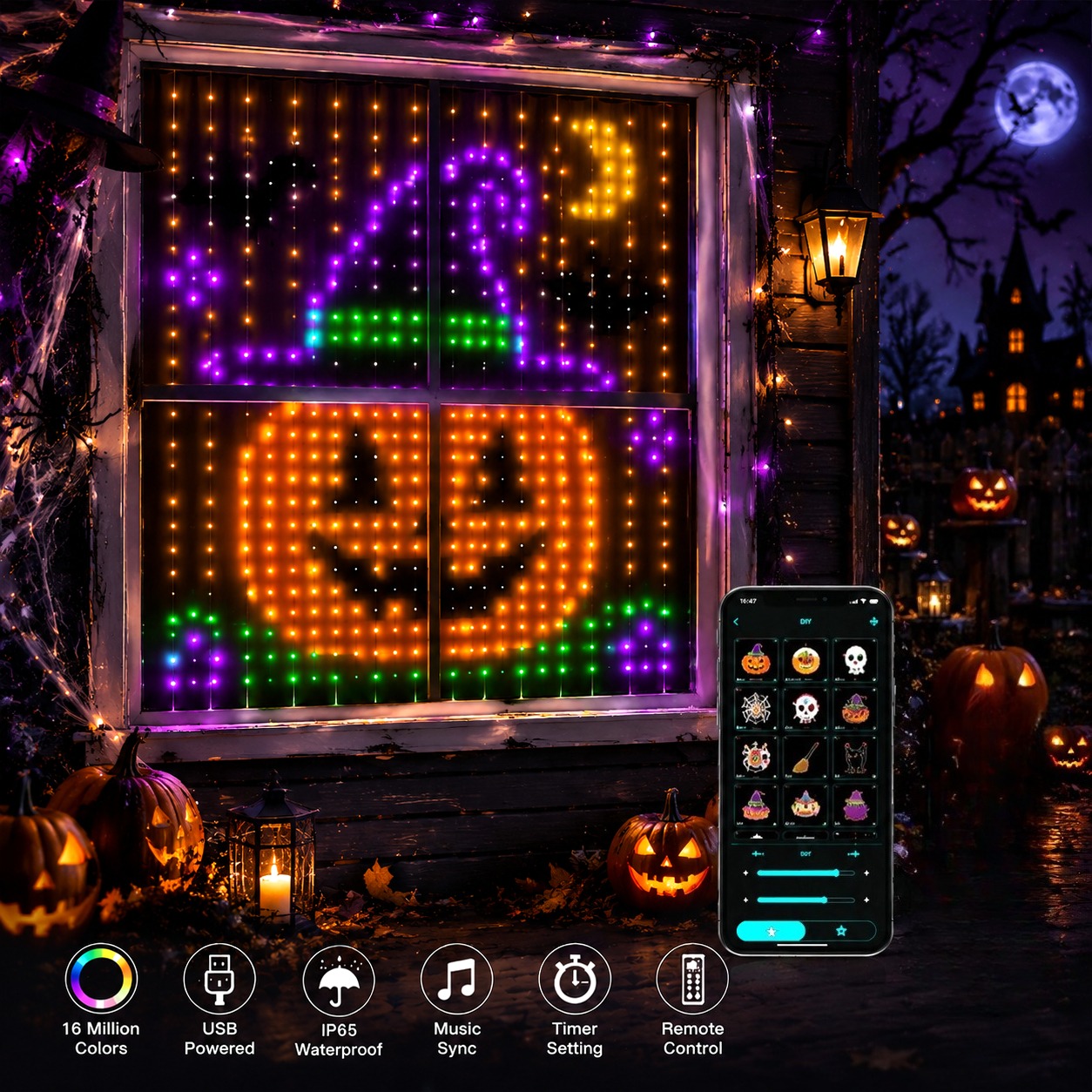 할로윈 LED 스마트 커튼 조명, 방수 기능, USB  - Home Decor App Free 리뷰 및 가격