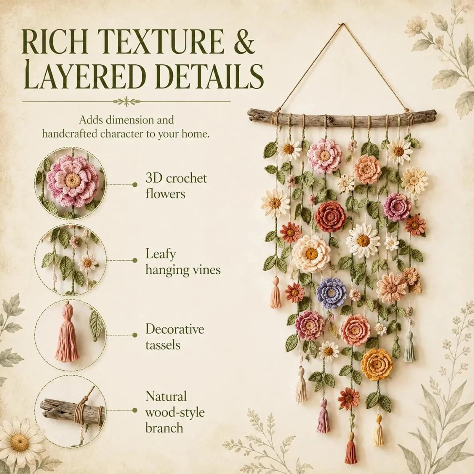 꽃무늬 덩굴 장식, 보헤미안 스타일 크로셰 벽걸이, 수 - Macrame Wall Hanging 리뷰 및 가격